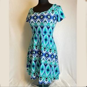 Bobbie Brooks Dress Small S Midi Blue Boho Colorful Flare Dress Short Sleeves